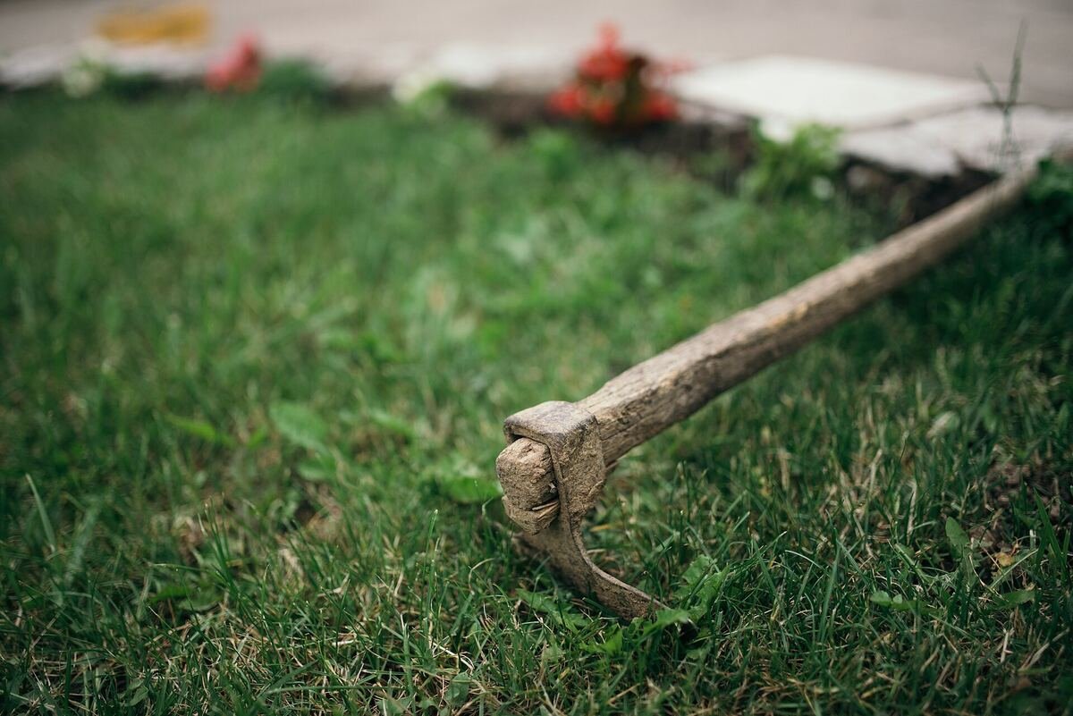 A wooden garden tool resting on grass beside a flower bed