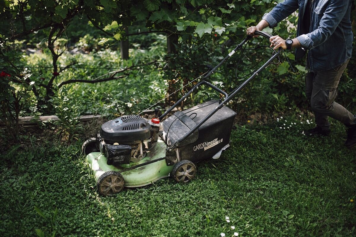 A person mowing grass in a sunny garden